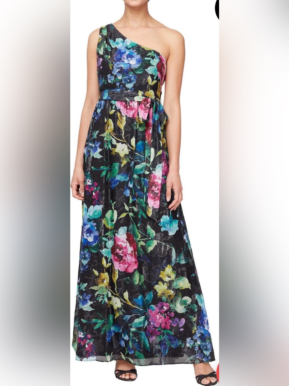 SLNY One Shoulder Floral Maxi Dress NWT Size 6 Black Multi Evening Wedding Guest